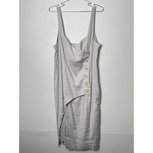 Anthropologie Midi Dress Grey Linen Blend Button Front Side Slit Square Neck NWT